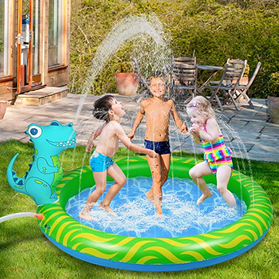 Inflatable Sprinkler Pool for Kids 63", Dinosaur Splash Water Playing Pad Kiddie Pool, Spray Pad Swimming Pool, Summer Water Toys for Outdoor Backyard, Gifts for 2-13 Years Old Boys and Girls