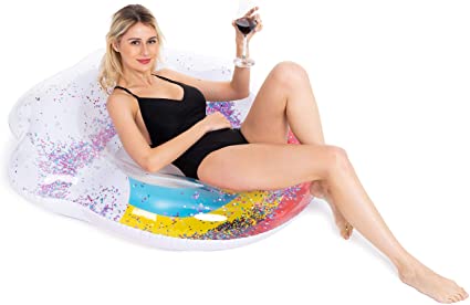 Inflatable Rainbow Pool Float with Glitter Inside Fun Beach Swimming Ring Party Toys Summer Pool Raft Lounger for Adults Kids