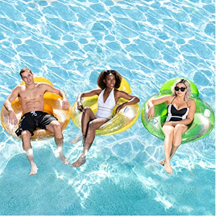 3 Packs 43 Glitters Inflatable Pool Lounger Float with Backrest Cup Holder Inflatable Swimming Pool Tube Summer