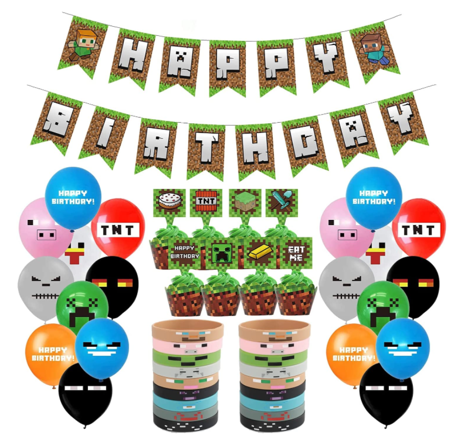 Pixel Style Gamer Party Supplies, Miner Theme Birthday Party Favors and Decors Set